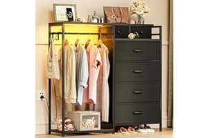KKL Dresser for Bedroom with Clothes Hanging Rack, Reversible Bedroom Dresser with Shoe Rack & 6 Fabric Drawers, 3-in-1 Storage Chest of Drawers with Led Lights & Charging Station for Closet, Black