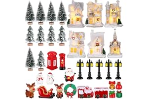 36Pcs Christmas Village Sets White Christmas Village Houses LED Lighted Christmas Village Christmas Miniature Figurines Resin