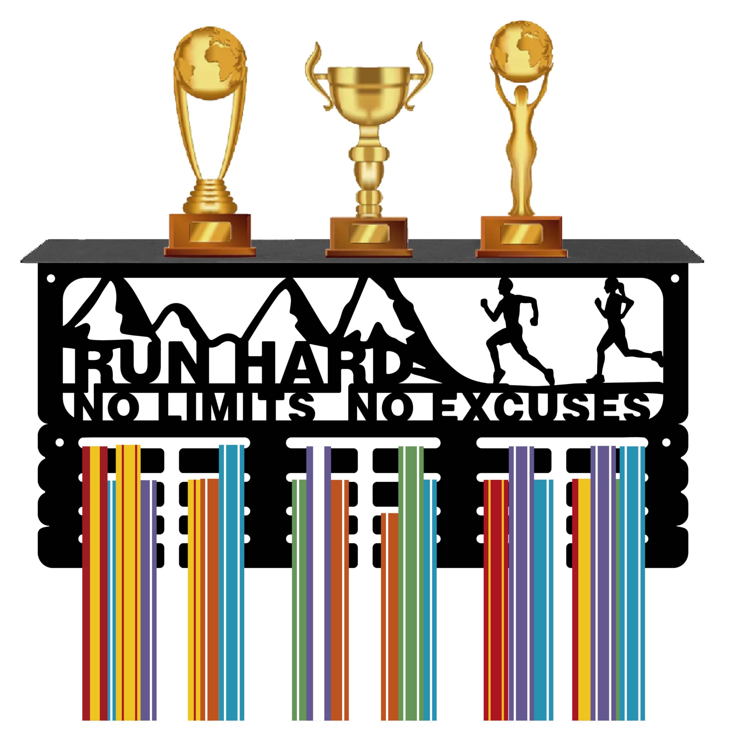 CREATCABIN Running Medal Holder Trophy Shelf Hanger Display with Shelf Stand Sports 4 Rows Wall Mount Hold 70+ Medals for Men Gymnastics Soccer Running Swimming Awards Rack 15.7 x 7.9 Inch