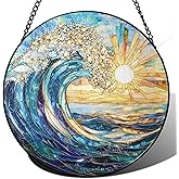 The Ocean Waves and The Sunrise Suncatcher -7.9 in Stained Glass Window Hanging Sun Catcher Garden Decor