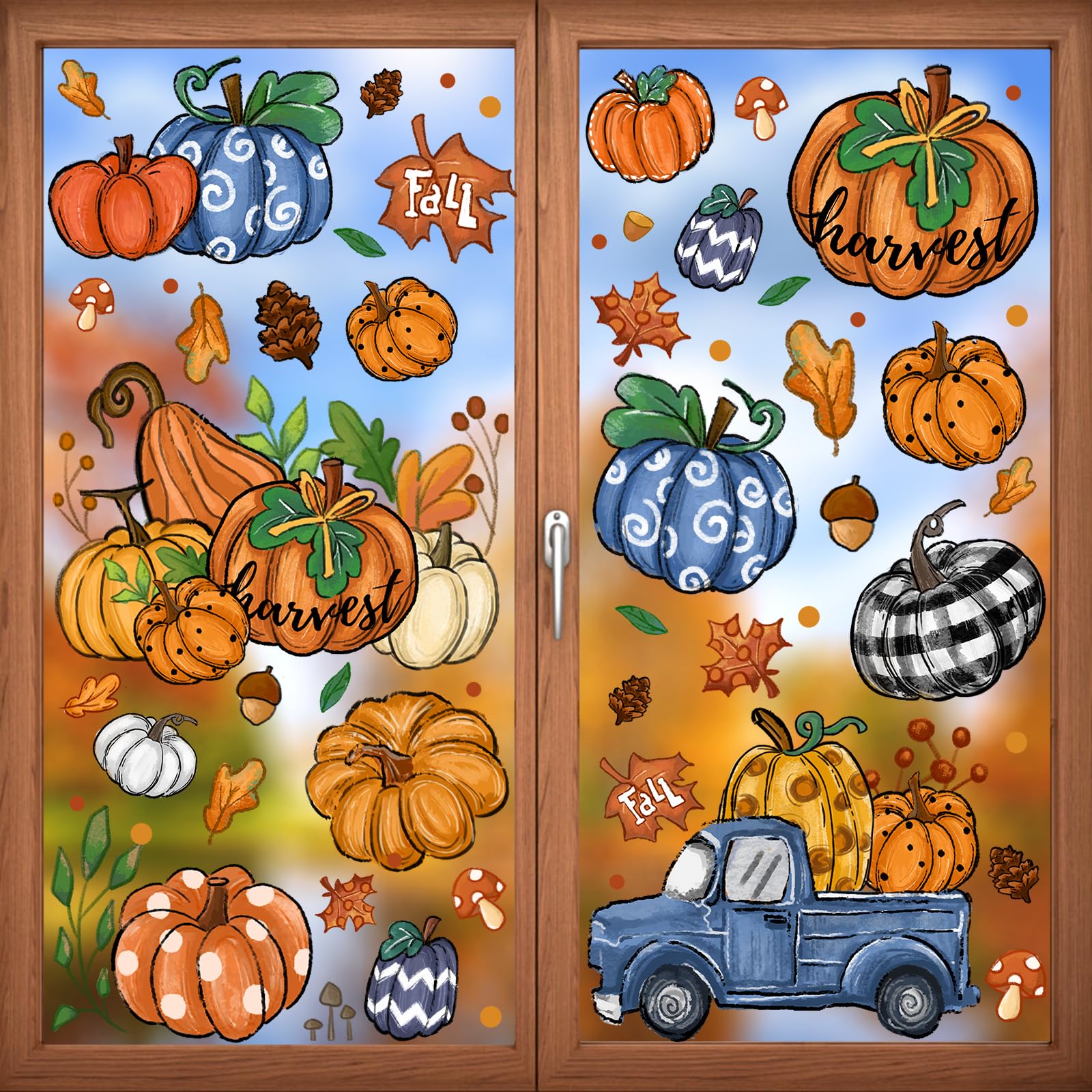 Photo 1 of DIYDEC 6 Sheets Fall Window Clings Double-Sided Window Stickers with Orange Maple Leaves Pumpkins Blue Truck Thanksgiving Window Decals for Autumn Home Holiday Party Store Glass Decoration