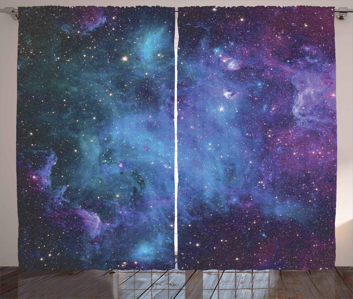 ABAKUHAUS Outer Space Curtains, Galaxy Stars in Space Celestial Astronomic Planets in the Universe Milky Way, Living Room Bedroom Window Drapes 2 Panel Set, 96 L X 110 W, Navy Purple