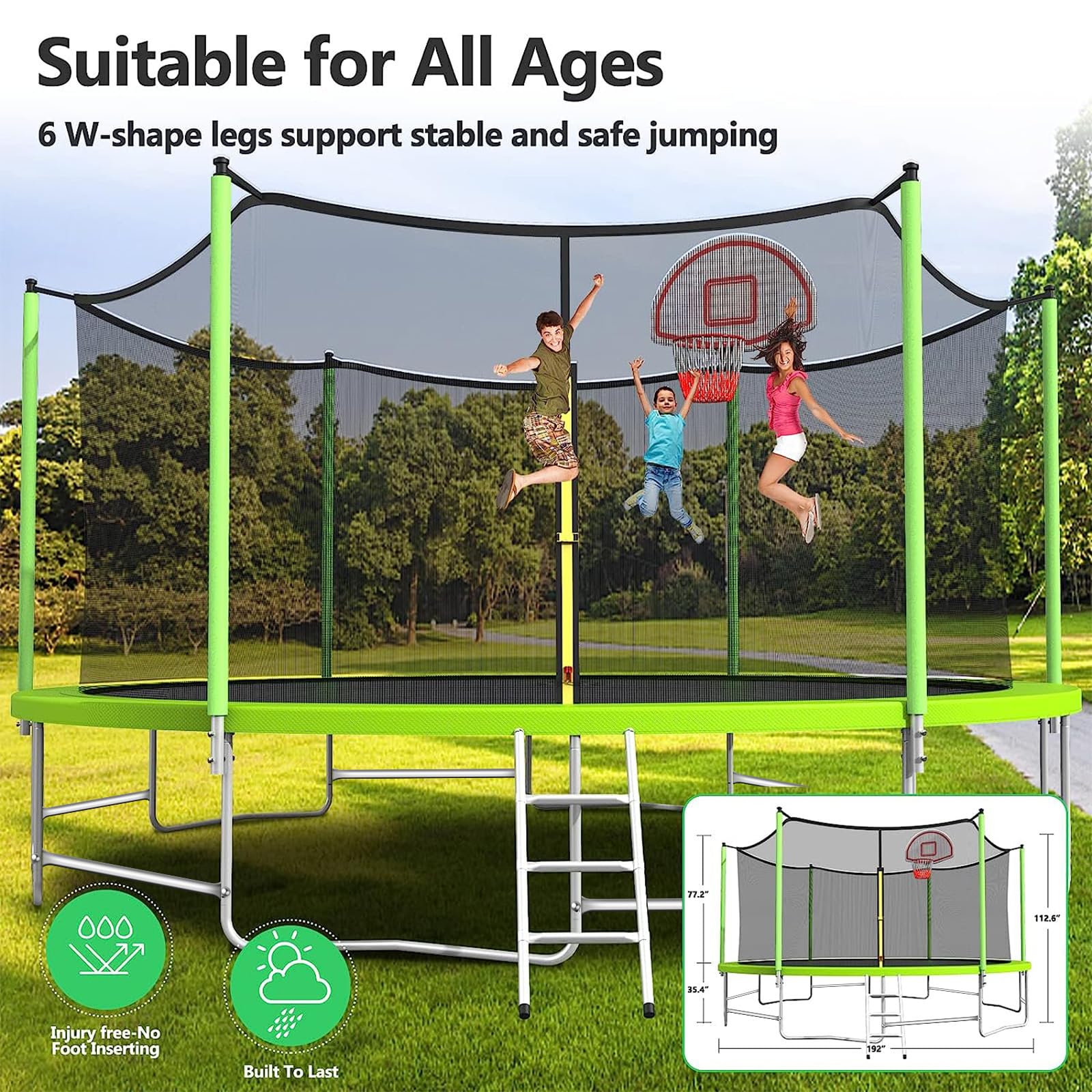 Upgraded 16FT 15FT 14FT 12FT Trampoline for Kids and Adults, Large Outdoor Trampoline with Enclosure, Backyard Trampoline with Basketball Hoop and Net, Capacity for 4-6 Kids and Adults