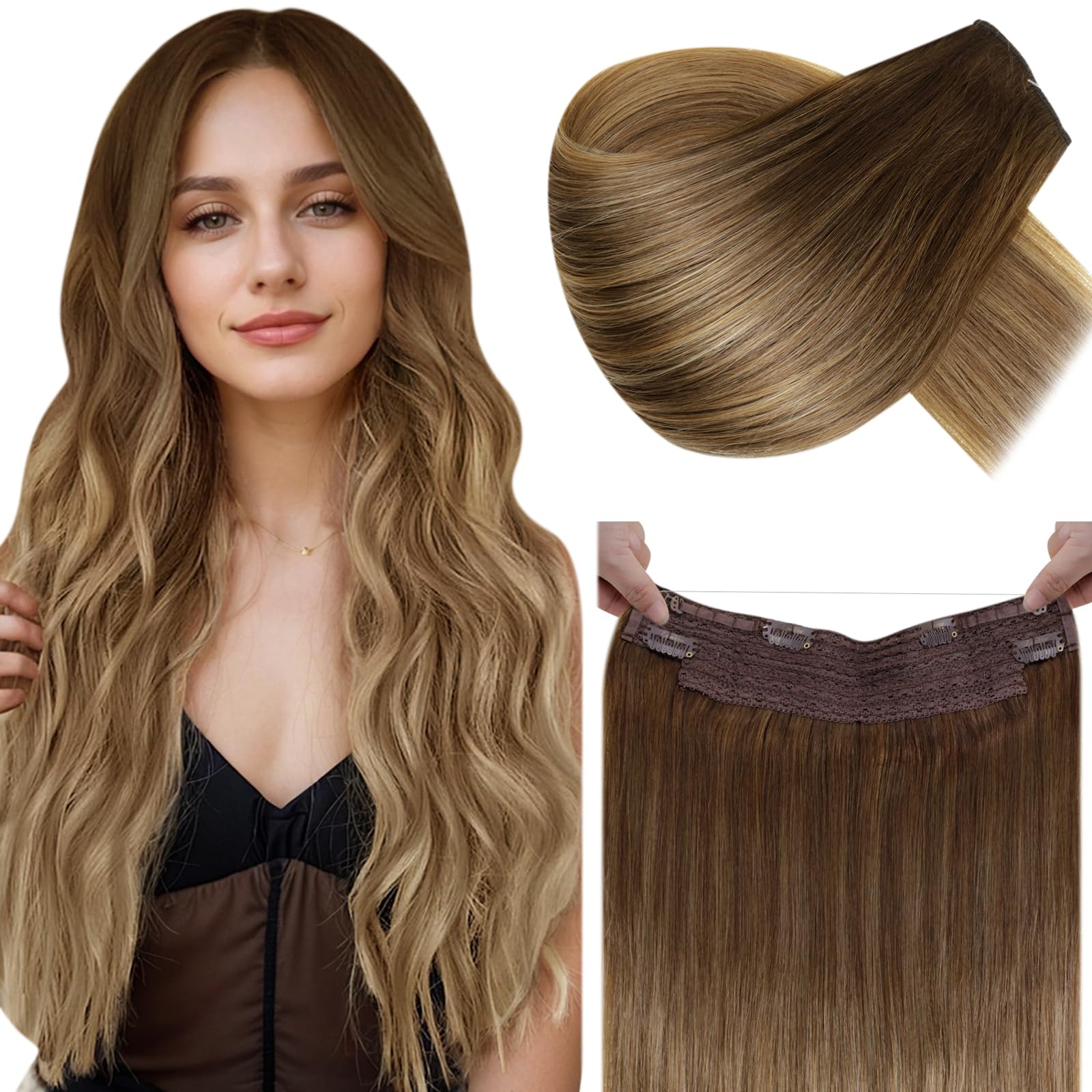 LaaVoo Human Hair Extensions Brown Shadows to Light Brown Real Remy Hair Invisible Wire Undetectable 100% Real Straight Hair Extensions Long-Lasting 80g 18 Inch #6/8/14 — image 1