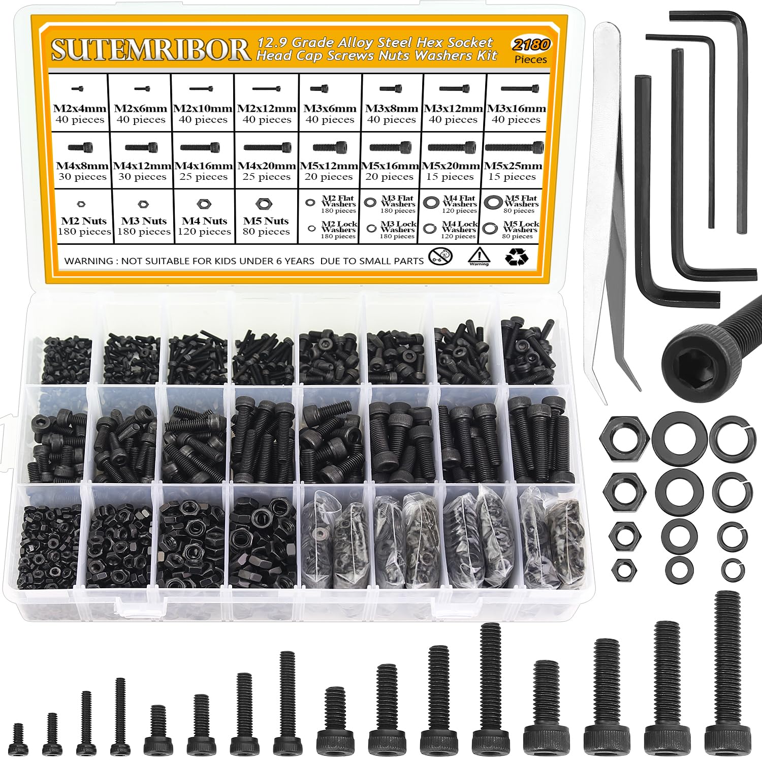 Photo 1 of Sutemribor 2180 Pieces Black M2 M3 M4 M5 Hex Socket Head Cap Screws Nuts Washers Assortment Kit, Metric Screw Assortment with Hex Wrenches, 12.9 Grade Alloy Steel, Fully Threaded