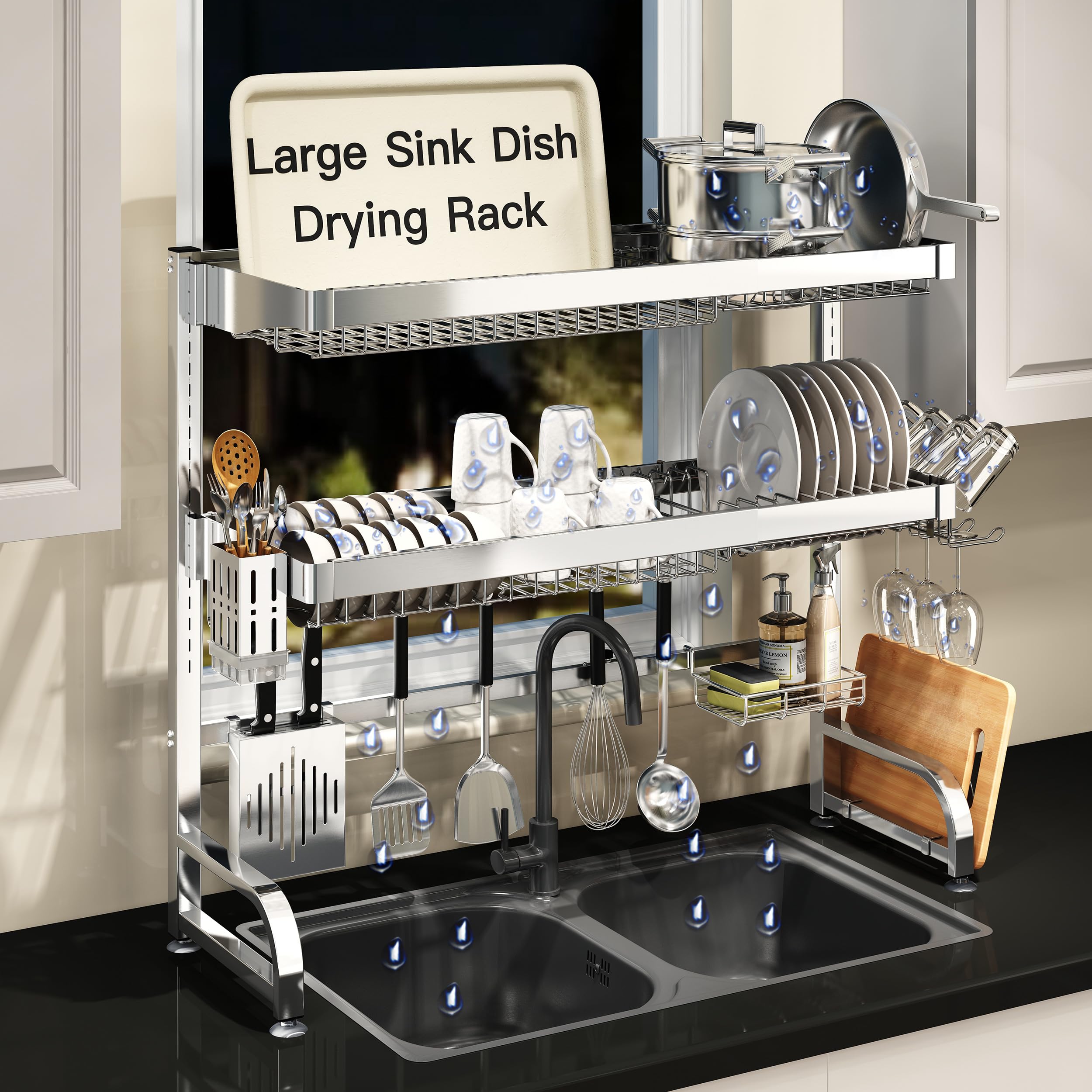 Photo 1 of 3 Tier Extra Large Stainless Steel Expandable Over The Sink Dish Drainer Drying Rack, Rust Proof Metal, Space Saving, Modern Silver Big Capacity Extendable Plate Strainers Above Kitchen Counter