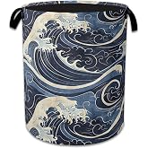Vintage Sea Waves Large Storage Basket Collapsible Laundry Basket Oxford Storage Bin for Gift Baskets Bedroom Clothes Hamper 16" X 20.8"