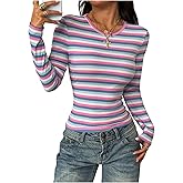 WDIRARA Women's Slim Fit Long Sleeve Striped T Shirt Rib Knit Tee Tops