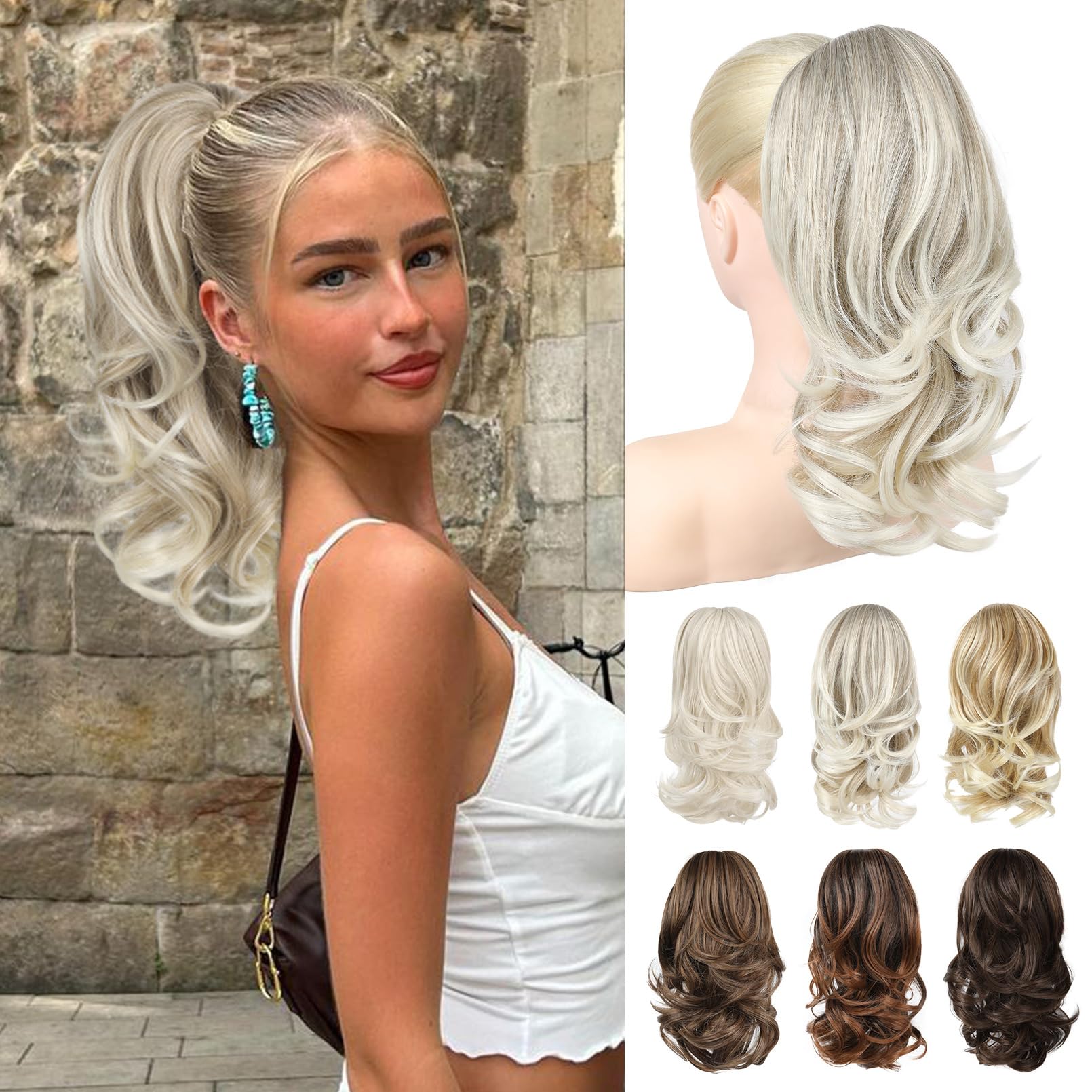 Photo 1 of NTYNTY Ponytail Extension - 14" Claw Clip in Ponytail Hair Extensions Natural Soft Synthetic Layered Wavy Pony Tail Hair Pieces for Women - Ash Brown with White Ends