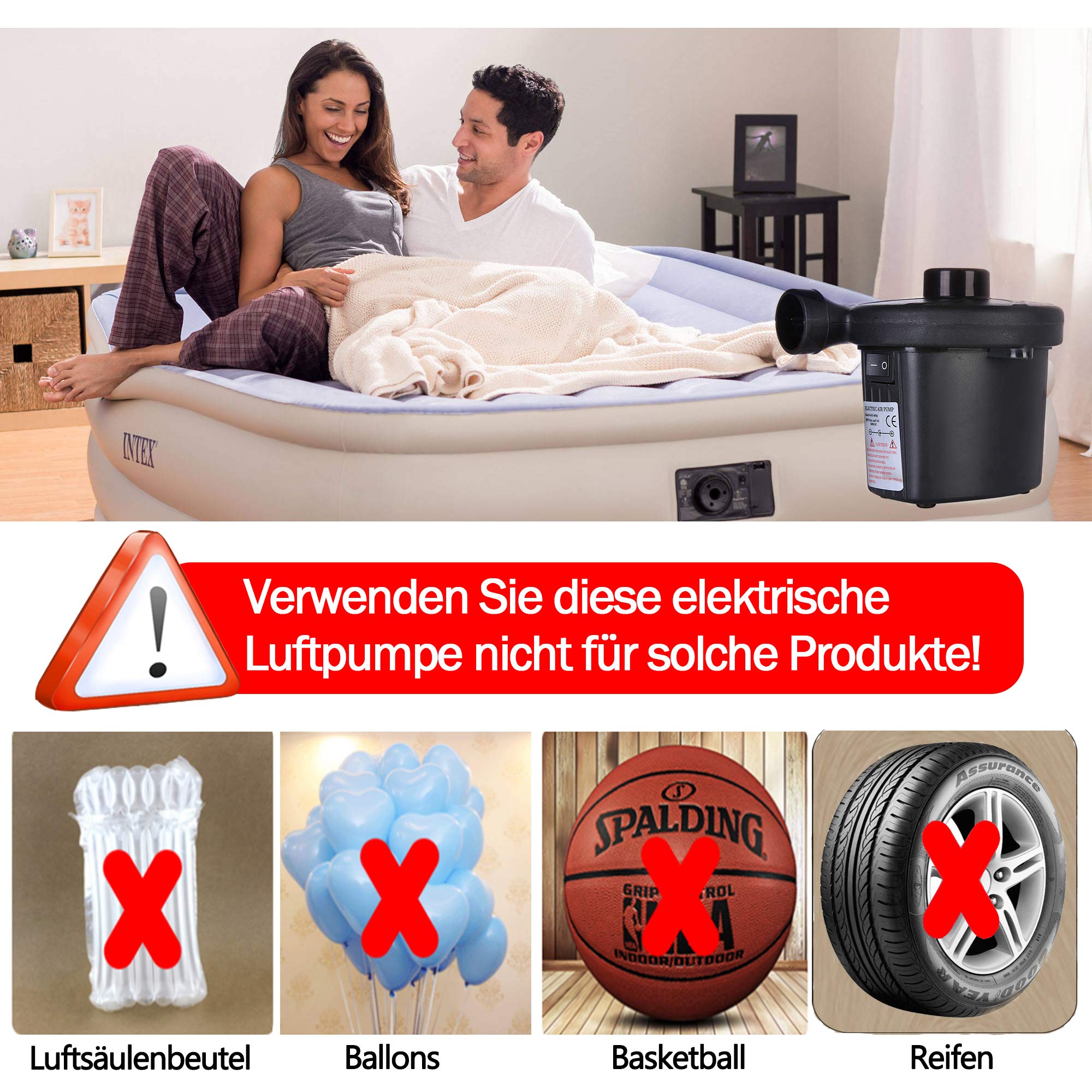 Elektrische Luftpumpe, Luftmatratze Pumpe 2 in 1 schnelles Auf/Abpumpen AC 100-240V/DC 12V, Elektropumpe mit 3 Aufsätzen für aufblasbares Matratze, Planschbecken, Zelt, Schlauchboote, Schwimmring