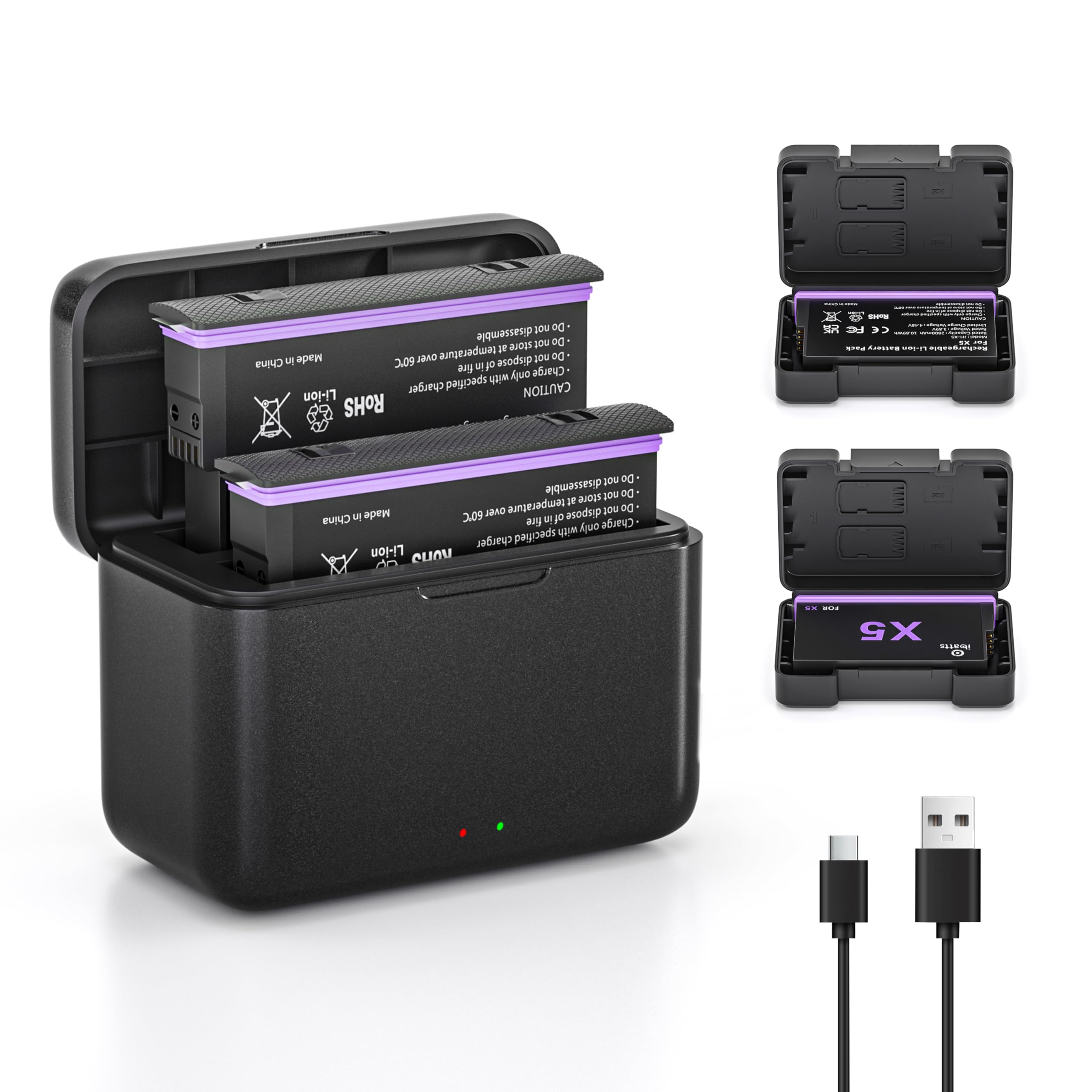 Photo 1 of 2 Pack 2800mAh Battery and 2 Channel Fast Charger Box for Insta360 X5, IBATTS Replacement Battery Pack and Charger for Insta 360 X5 Action Camera (2 Batteries+ Charging Box) (X5-2800mAh-2 Pack)