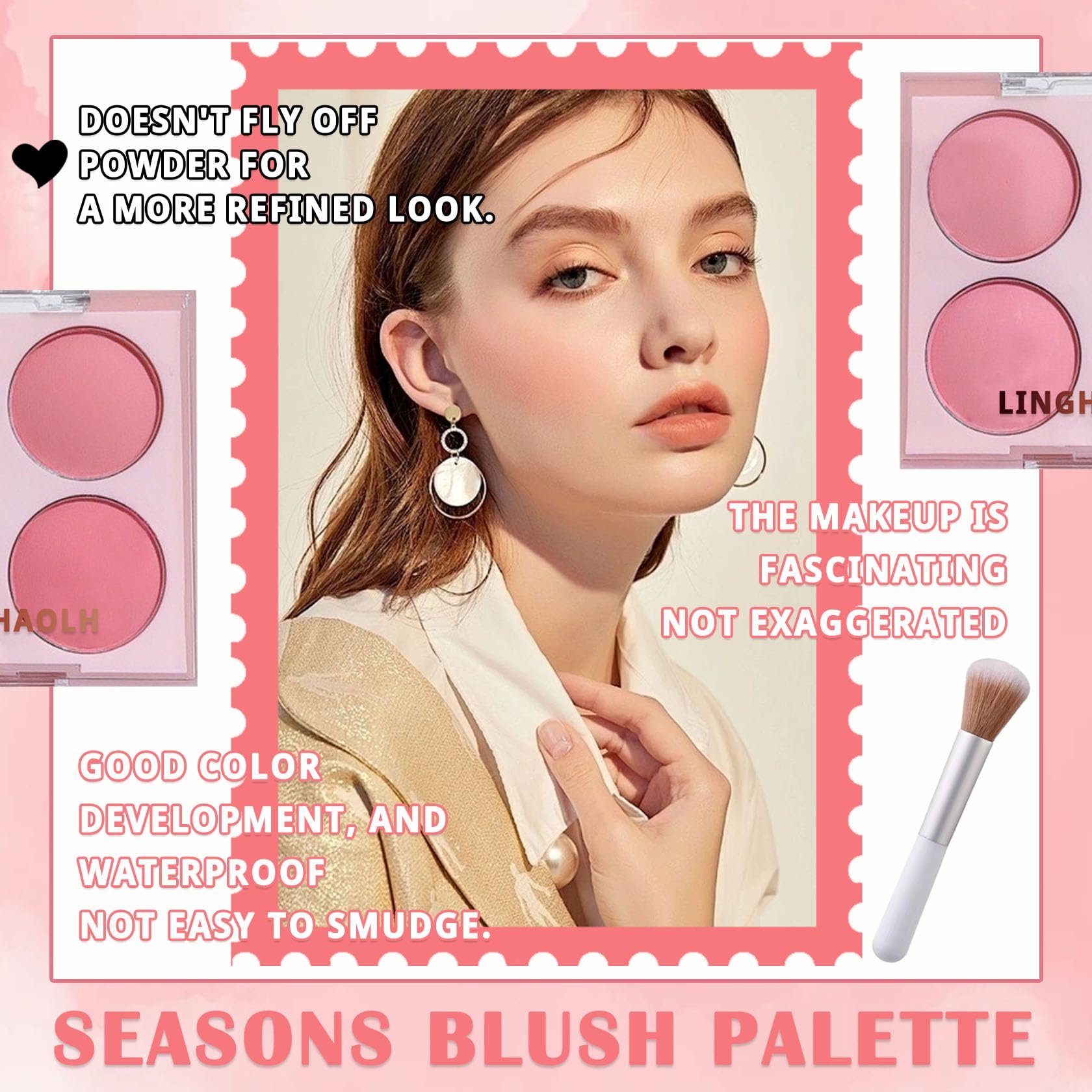 LingHaoLH 4 Colors Blush Palette for Cheeks,Face Matte Contour Blush Makeup Palette,Buildable Shimmer Facial Cheek Blusher Shades,Blendable Cosmetic Makeup Blush with Blush Brush 01