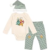 Disney Christmas Baby Bodysuit, Pants and Velour Santa Hat 3 Piece Outfit Set Newborn to Infant Sizes (Newborn - 24 Months)