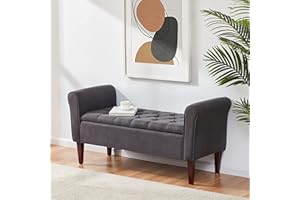 HUIMO Storage Bench, Arm Storage Ottoman with 7.5-inch Solid Wood Legs, End of Bed Bench Indoor, Upholstered Window Sitting Bench for Bedroom, Livingroom, Entryway (Gray)