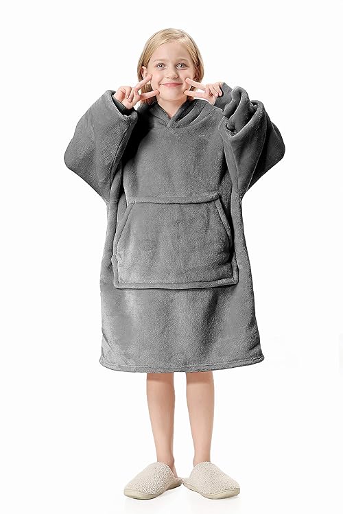Flannel Kids Children's Hoodie Blankets (Charcoal), Soft Lightweight Flannel Fabric, Oversized Soft And Cosy