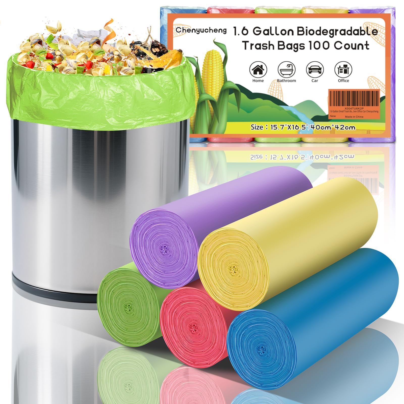 Photo 1 of 1.6 Gallon Small Trash Bags For Bathroom - Colorful Mini Garbage Bags ?Fit 1.3-1.5Gal?Biodegradable 100 Count 6 Liter Unscented Tiny Waste Basket Liners Kitchen Office Car Chenyucheng