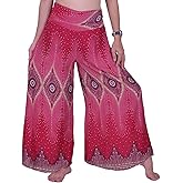 Lofbaz Women's Extra Wide Leg Palazzo Pants Yoga Lounge Hippie Harem Flowy Trousers Ethnic Tribal Elastic Waist Loose Indian Vintage 60s 70s Slacks - Eye Burgundy L