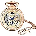 Stuhrling Orignal Mens Automatic Pocket Watch Skeleton Dial Mechanical Movement with and Stainless Steel Chain -Dual Time AM/PM Sun Moon Subdial