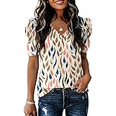 IECCP Women V Neck T Shirts Puff Short Sleeve Tops Fashion Dressy Casual Tunic Loose Fit Blouses