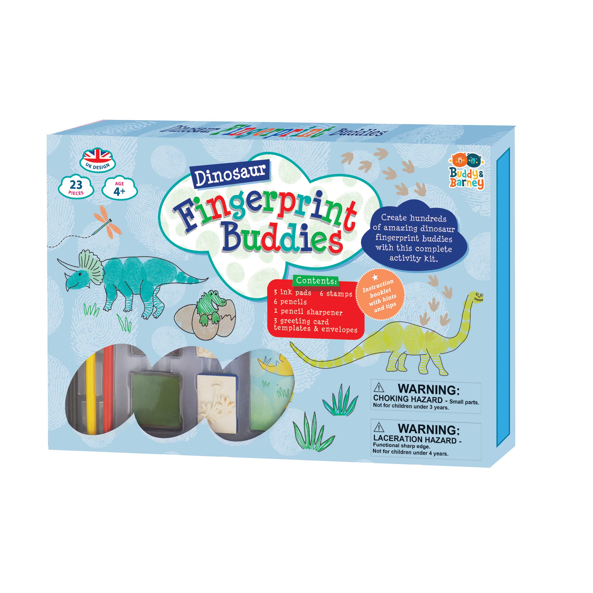 Buddy & Barney Dinosaur Fingerprint Friends Craft Set. Rubber stamps & ink pads arts kit for kids.
