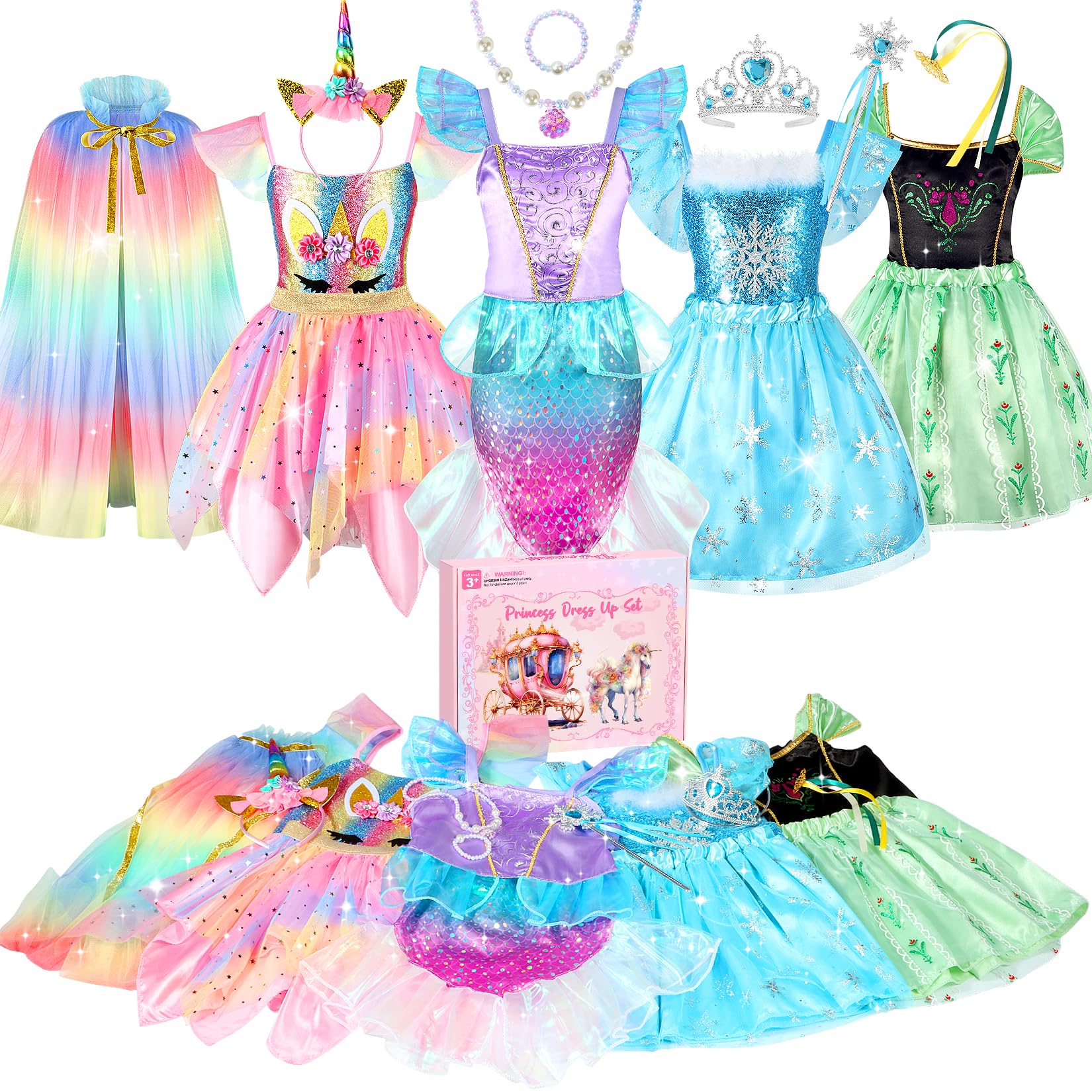 Photo 1 of HAMSILY Princess Dress Up Clothes for Little Girls: Princess Costume for Girls Toddler, Unicorn Costume & Mermaid Costume, Girl Toys Age 3 4 5 6 Year Old Girl Birthday Gifts with Cape, Jewelry, etc