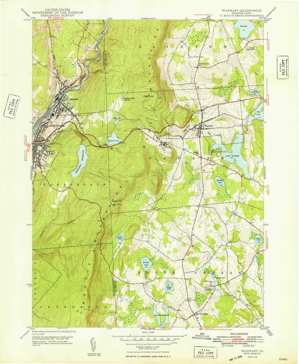YellowMaps Waymart PA topo map, 124000 Scale, 7.5 X 7.5 Minute, Historical, 1948