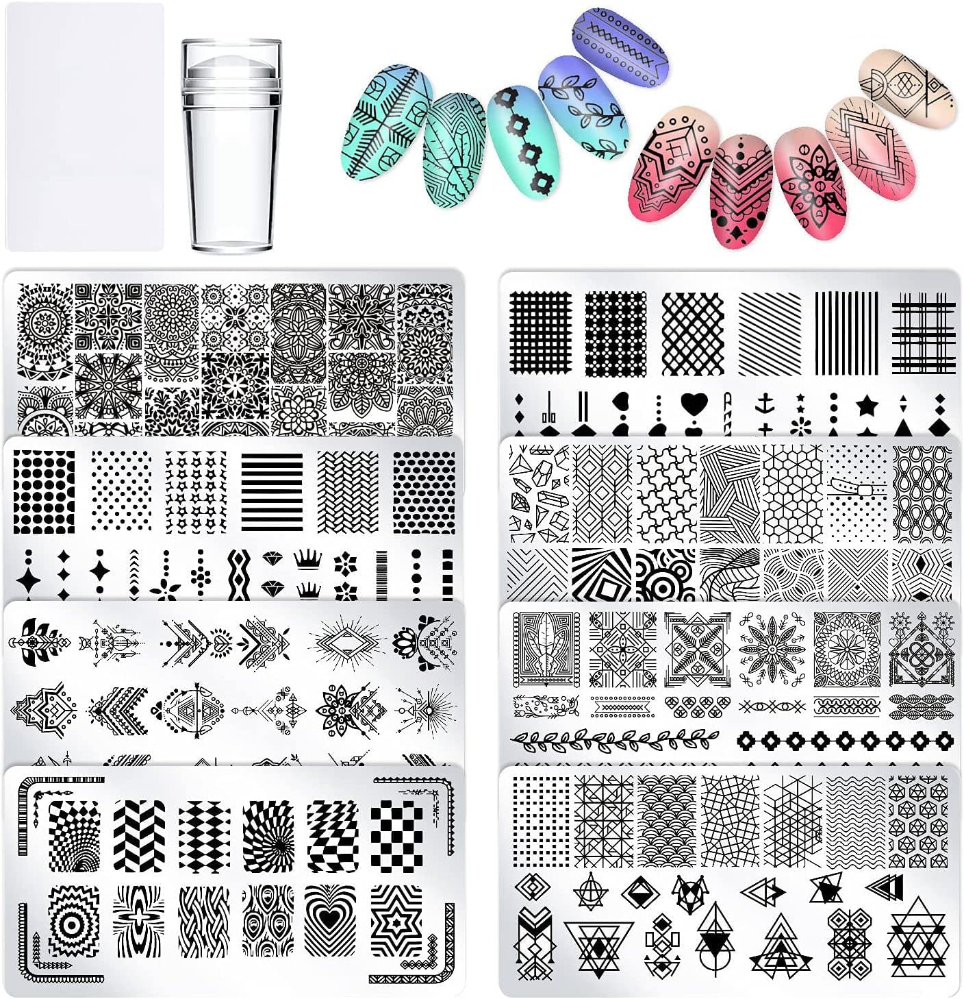PHOGARY Nail Stamping Plates, 8 Stamping Plates with Stamper and Scraper Kit, Flowers, Lace, Geometric Patterns Nail Template Stencils for Nail-art