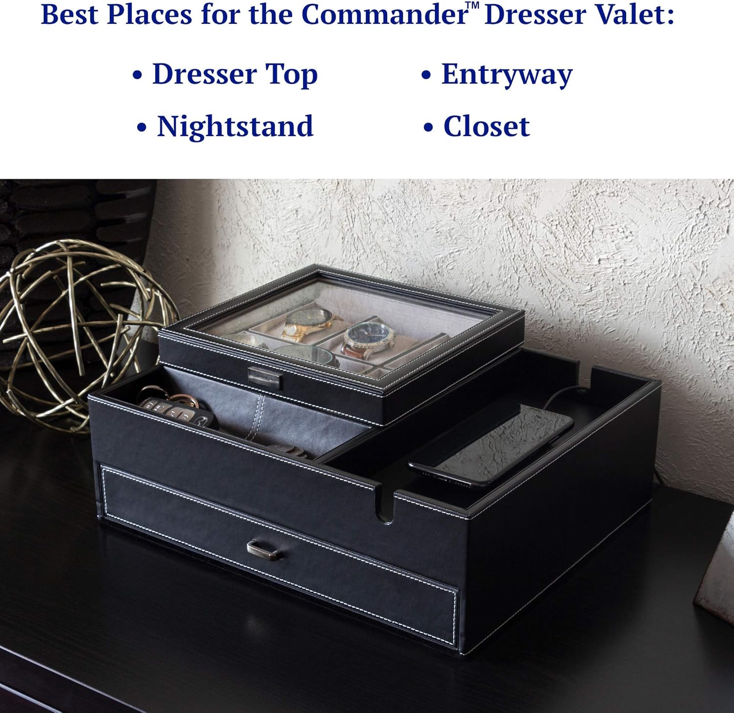 HOUNDSBAY Commander Dresser Valet Watch Box Case & Mens Jewelry Box Organizer with Smartphone Charging Station (Black/Gray): Home Improvement