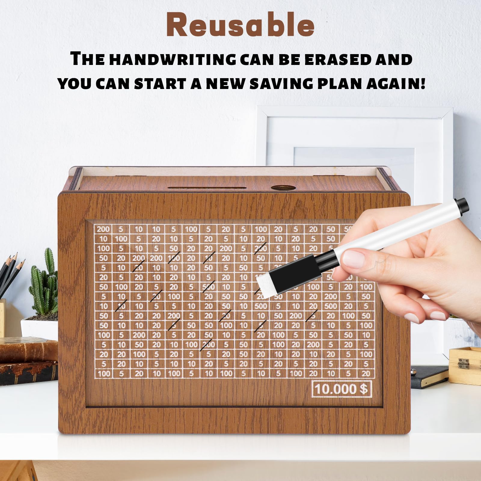 10000 Savings Challenge Box, Cashbox Kakeibo Money Box Cash Vault Wooden Savings Box Money Box, Coin Counter Piggy Bank for Adults, Money Box with Counter for Kids, Caja De Ahorros 10000