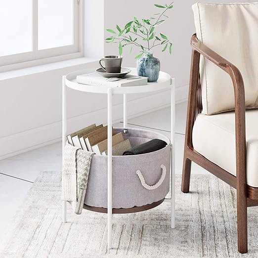 Amazon Com Nathan James Oraa Rustic Oak Tray Top White Metal Frame Nightstand With Fabric Basket And Rope Handles Furniture Decor