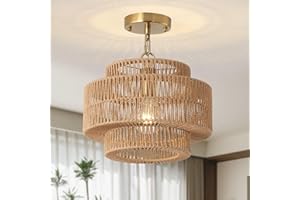 Giutna 12.4" Large Boho Rattan Farmhouse Chandeliers for Dining Room, Rattan Hand-Woven Rustic Drum Chandelier Pendant Light Fixture for Kitchen Island Bedroom Living Room Entryway Foyer