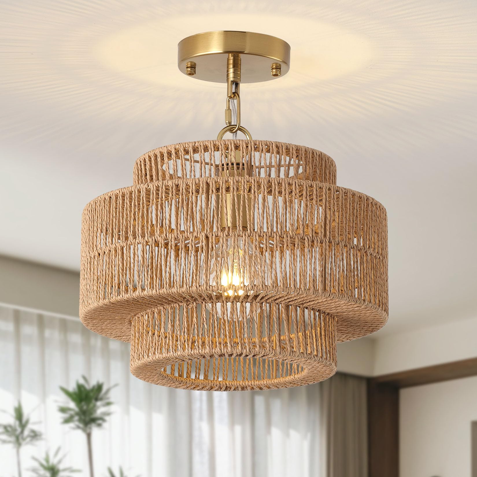 Photo 1 of Giutna 12.4" Large Boho Rattan Farmhouse Chandeliers for Dining Room, Rattan Hand-Woven Rustic Drum Chandelier Pendant Light Fixture for Kitchen Island Bedroom Living Room Entryway Foyer