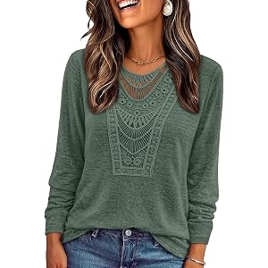 OFEEFAN Long Sleeve Shirts for Women Boho Tops Trendy Blouses Dressy Casual | Lace Tops, Fall Outfits 2026, Fashion Winter Cl