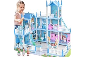 Big Doll House Playhouse Girls Toys with Flashing Lights, 3-Story 9 Rooms Dollhouse with 3 Dolls Slides Stairs Furniture Acce