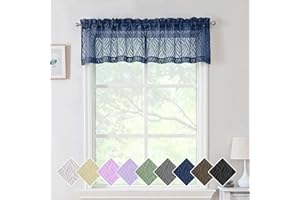 Chyhomenyc Marilyn 2PCS Navy Blue Sheer Valances for Windows 14 Inches Long, Light Filtering Soft Clip Jacquard Textured 3D Leaf Curtains for Bathroom Bedroom Small Windows, 38Wx14L Inches