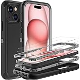 YKHJKLEC for iPhone 15 Case, Military Grade 3 in 1 Heavy Duty Shockproof/Drop Proof/Dust Proof Case with 2Pcs Tempered Glass Screen Protector (Black/Grey)