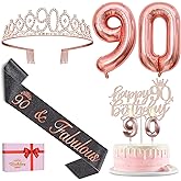 90th Birthday Decorations for Women with Black 90th Birthday Sash and Crown, Cake Topper and Candles, Number Balloons Rose Gold, 90 Year Old Gifts for Women