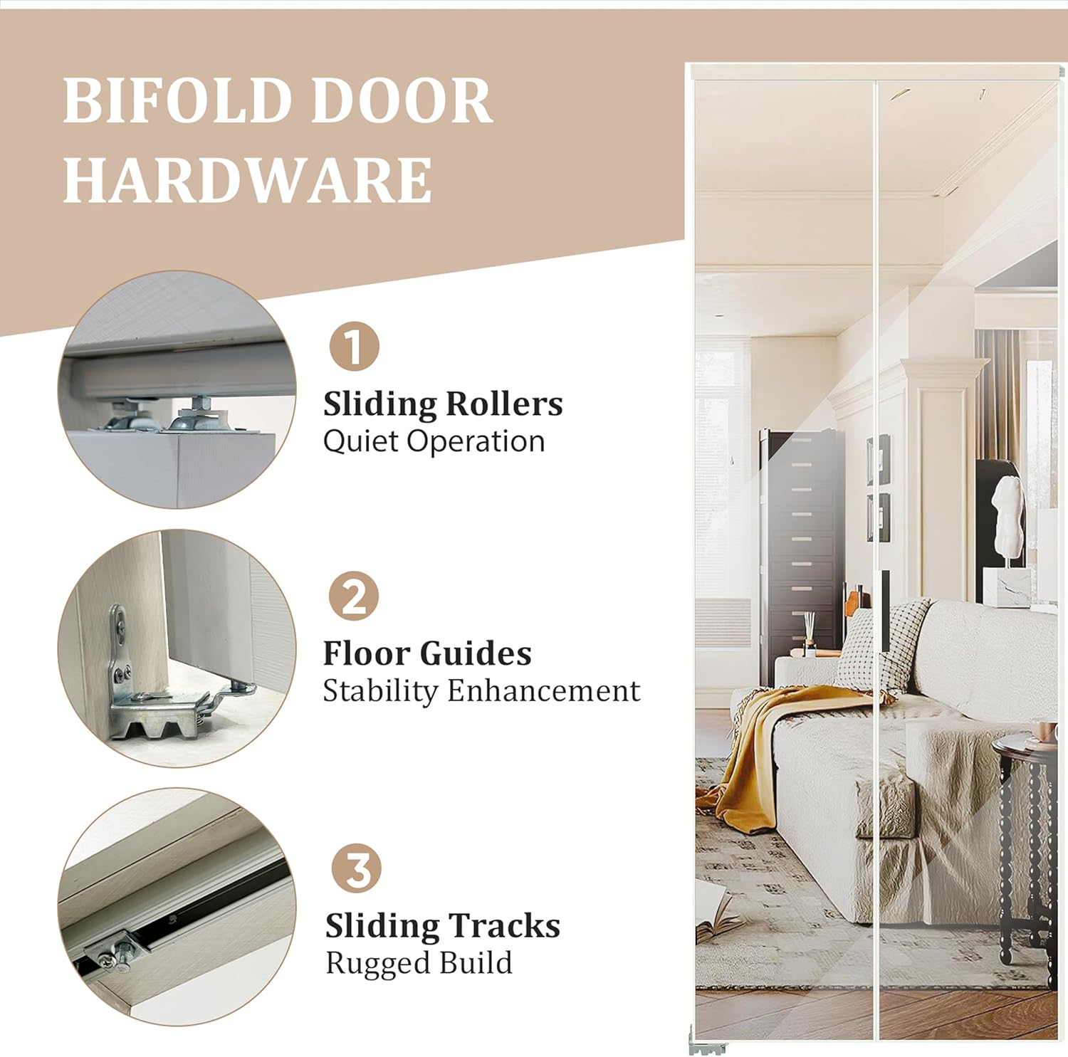 Diagram showing how to measure a bifold door opening, including finished opening width and height, door panel width and height, and door thickness.
