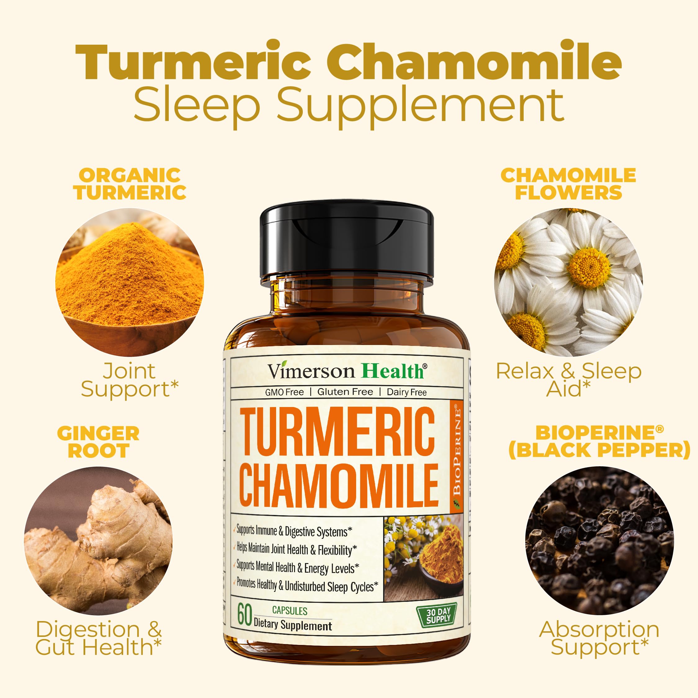 Turmeric Supplement & Chamomile Capsules for Sleep - Organic Turmeric Sleep Supplement with Chamomile Flowers Extract (Manzanilla) - Relaxation & Stress Support - Joint & Digestive Health. 60 Capsules