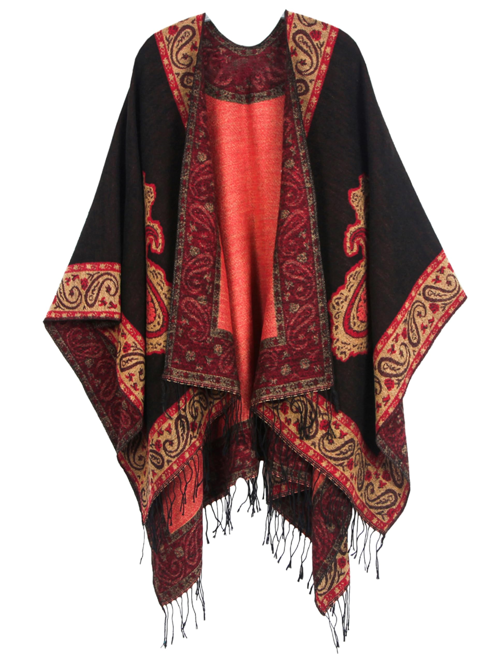 DiaryLook Ladies Printed Poncho Cape Reversible Oversized Shawl Wrap Open Front Cardigans for Women Black Orange