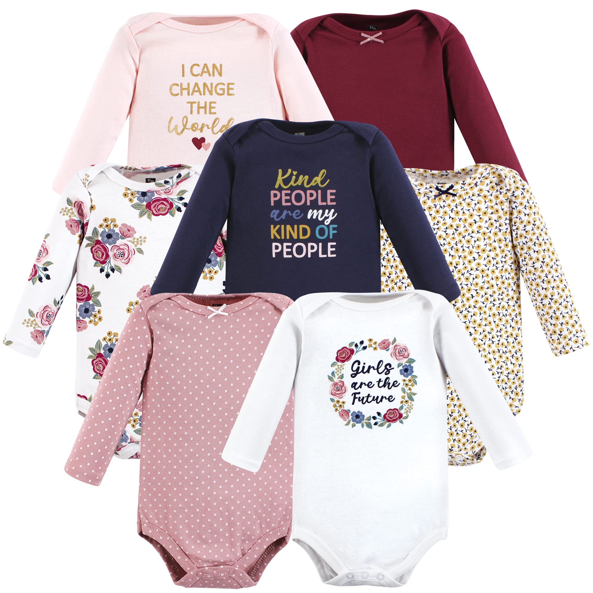 Hudson Baby Unisex Baby Cotton Long-Sleeve Bodysuits, Girls World 7-Pack, Newborn