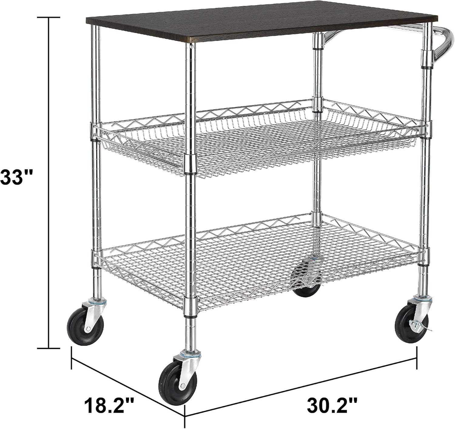 Finnhomy 3 Tier Heavy Duty Commercial Grade Utility Cart with Wood Top, Wire Rolling Cart with Handle Bar, Steel Service Cart with Wheels, Utility Shelf Food Storage Trolley, NSF Listed: Kitchen & Dining