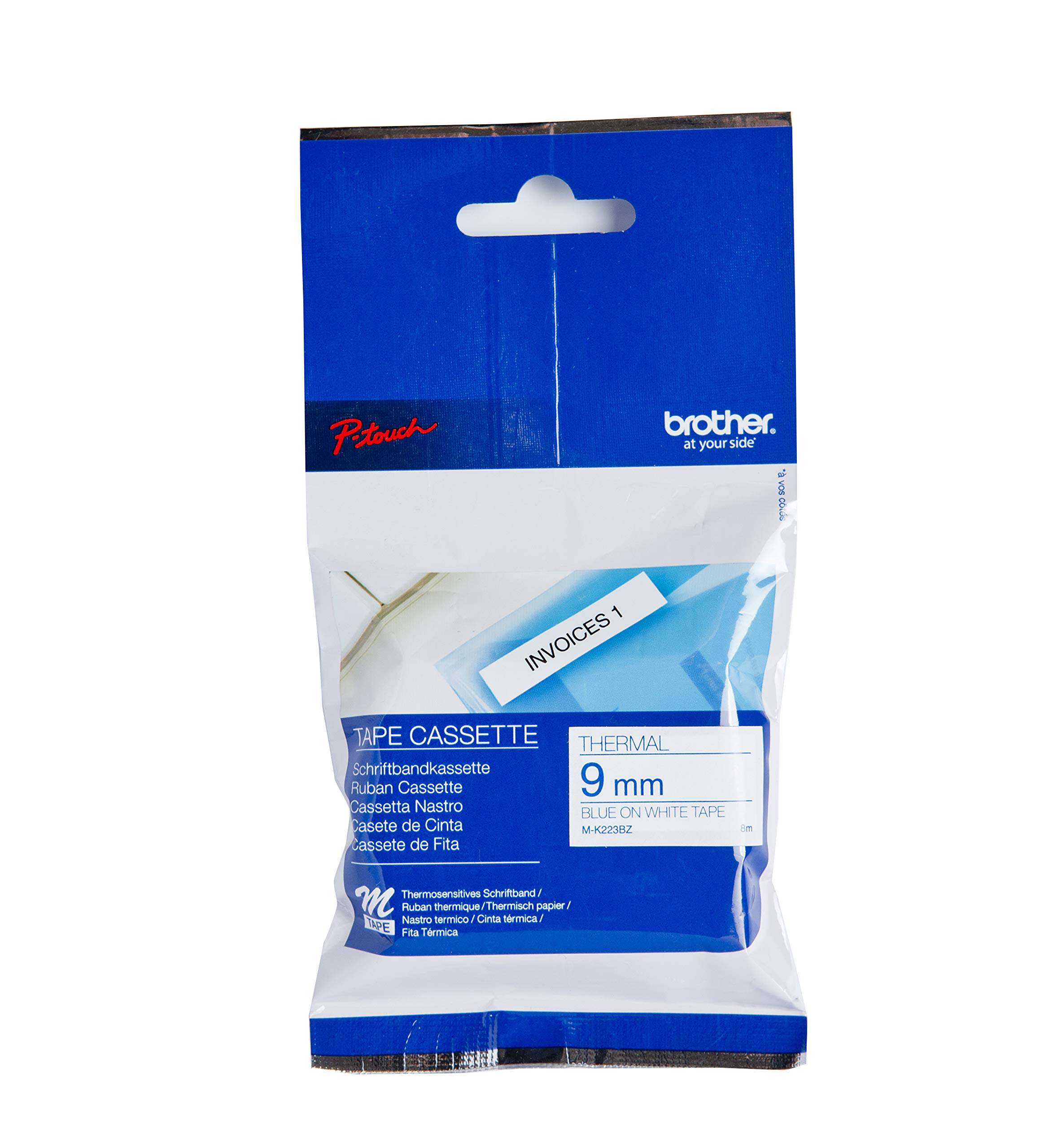 Brother M-K223BZ Labelling Tape Cassette, Blue on White, 9 mm (W) x 8 m (L), Brother Genuine Supplies