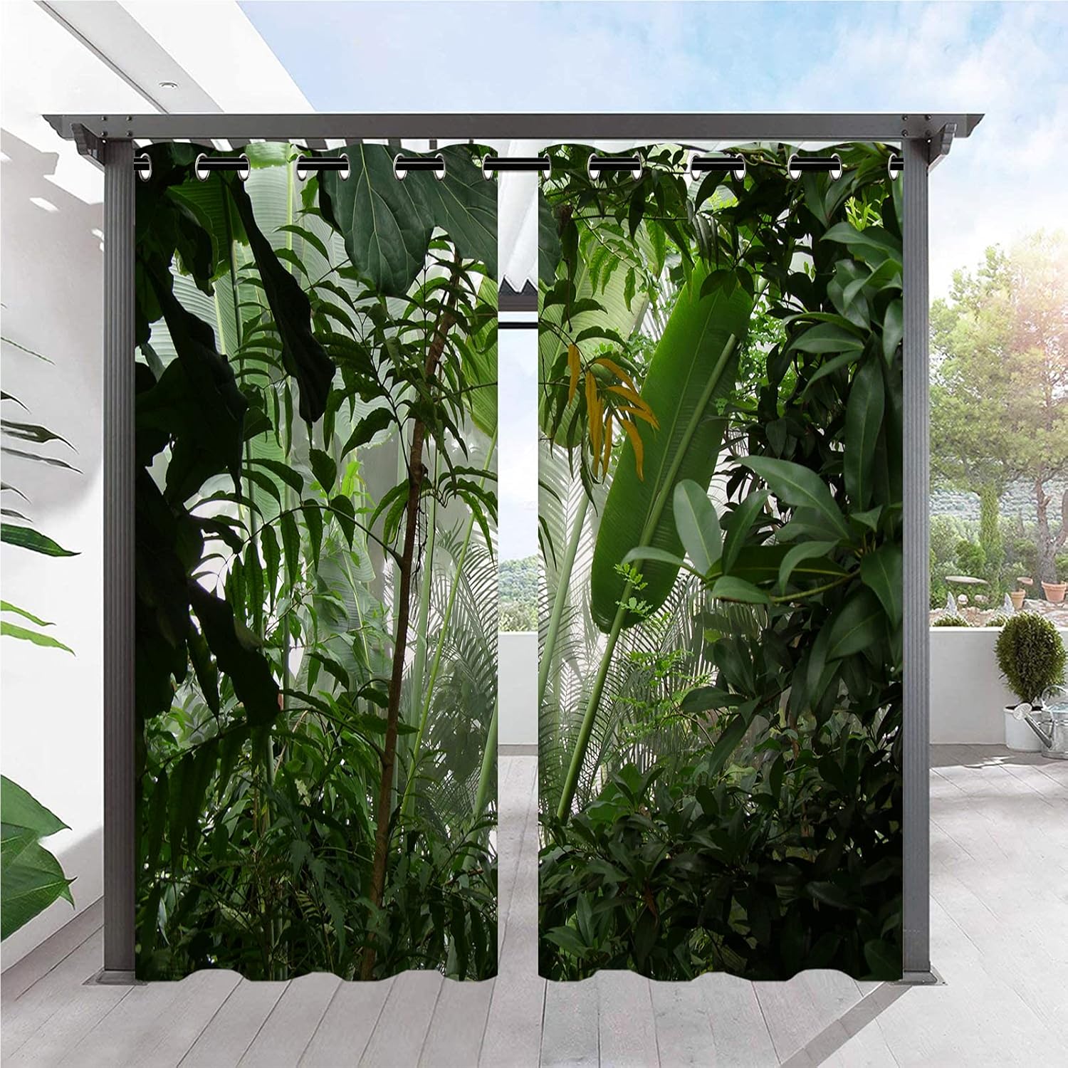 Outdoor Curtains - ANHOPE Outdoor Curtains - Grommet Top Waterproof Window Drapes Mist Jungle Tropical Rainforest Scene Print Pattern Outside Privacy Curtains for Patio Pergola Gazebo Cabana Porch 2 Panels 36 x 84 Inch