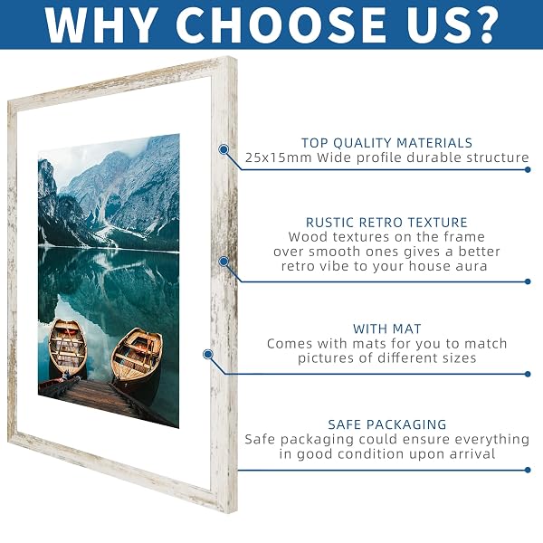 HONGKEE 16X24 FRAME SET OF 2, DISTRESSED WHITE WOOD STYLE – DISPLAY 16 X 24 PICTURE WITHOUT MAT OR 12X18 PICTURE WITH MAT, WALL MOUNTING HORIZONTAL AND VERTICAL