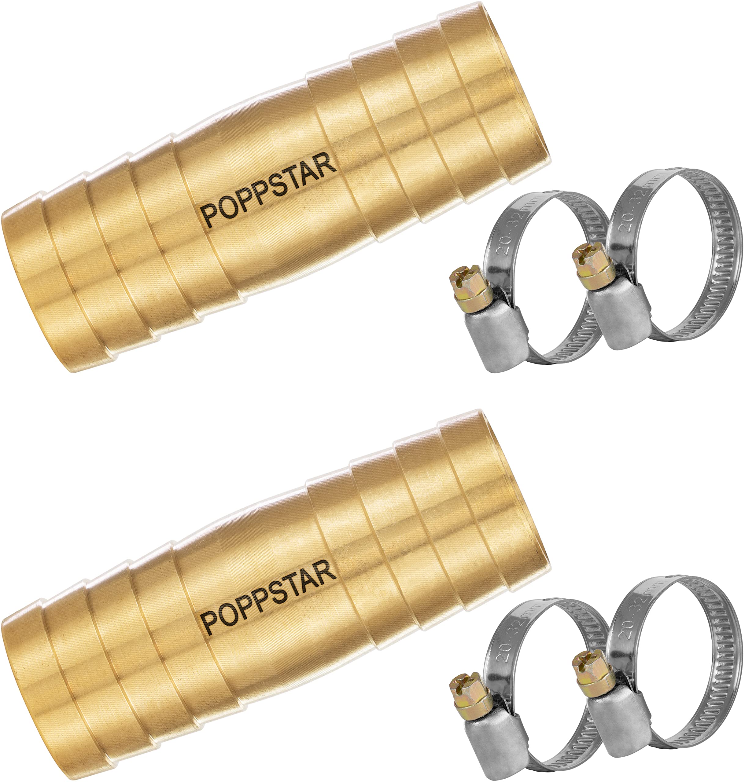 Poppstar 2X Brass Hose Connector 3/4 inch Set with 4X Stainless Steel Hose Clamps for 3/4" (19 mm) Garden Hose