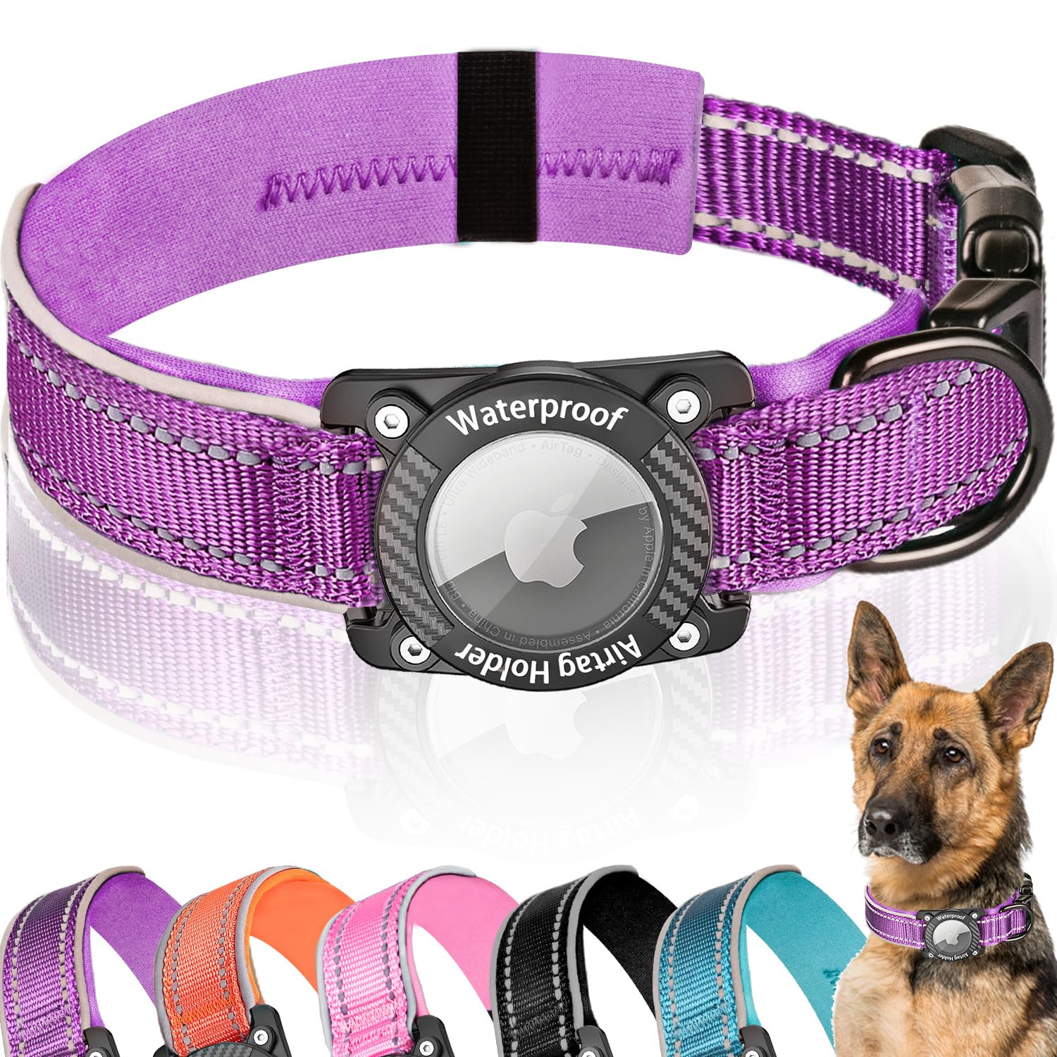 LZXLXS Upgraded AirTag Dog Collar with Waterproof Air tag Holder, Luminous Reflective Adjustable Comfortable Padded GPS Collars for Small Medium Large Dogs, Purple, XL