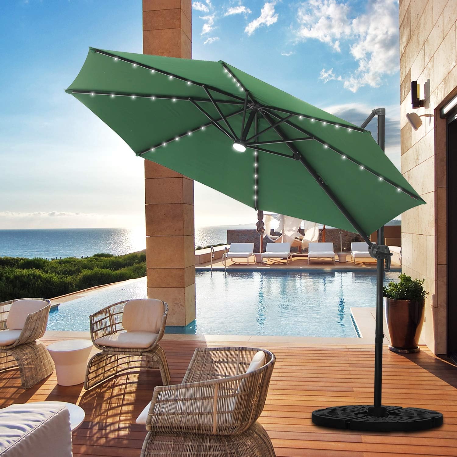 Amazon Com Klismos 10 Ft Patio Umbrella Cantilever Umbrella With Solar Led Light 360 Rotation Hanging Umbrella With Tilt Crank Outdoor Market Umbrella 8 Sturdy Ribs Green Garden Outdoor