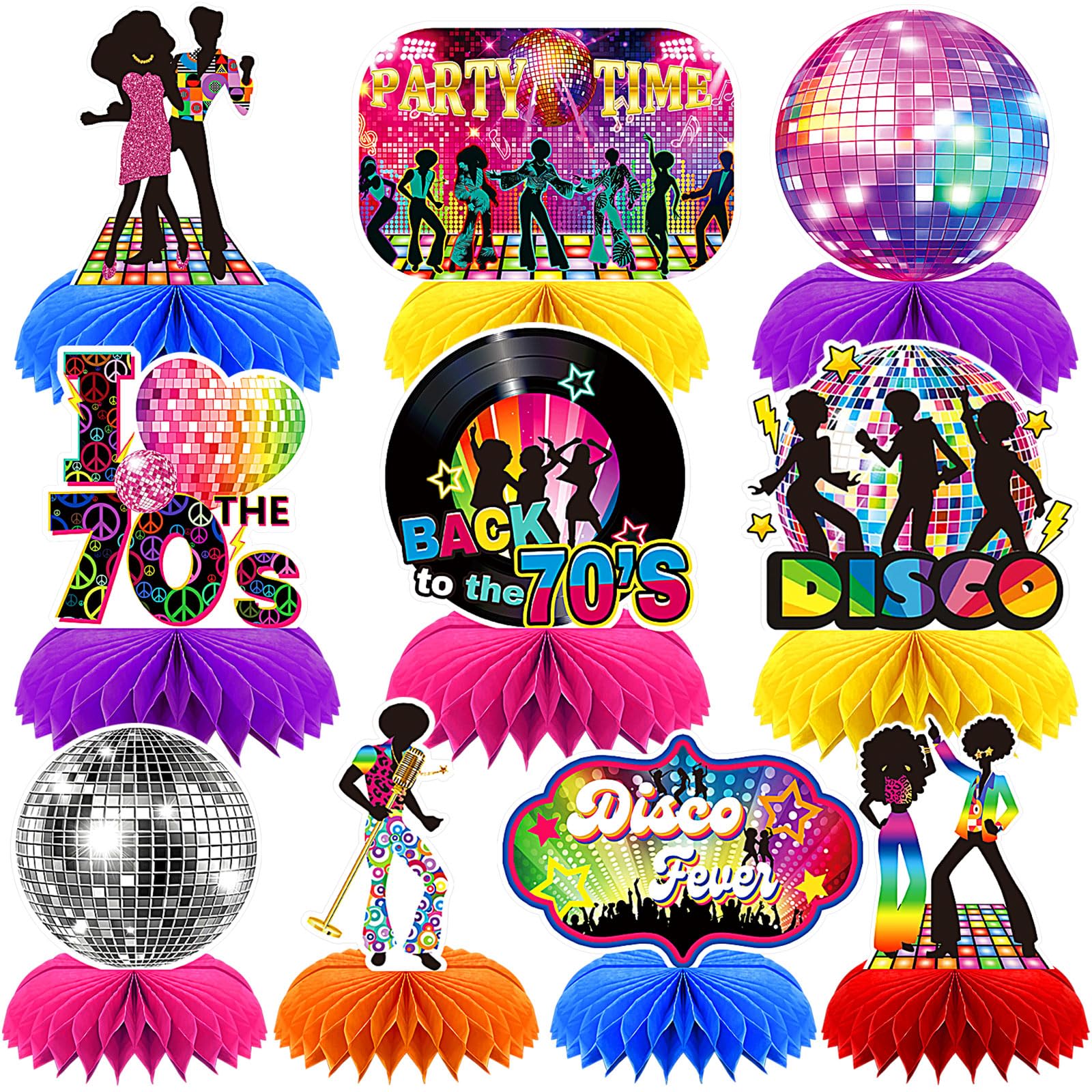 Photo 1 of 10 Pcs 70s Disco Party Decorations Back to 70s Honeycomb Centerpieces for Retro Theme Birthday Music Party Supplies Dancing Queen Party Decorations Retro Table Decor for 1970s