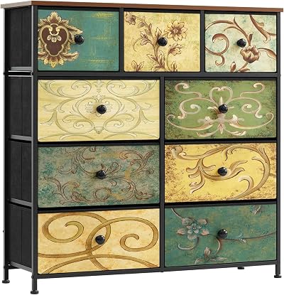 LYNCOHOME Green Fabric Chest of Drawers 9 Drawers Bedroom Storage Unit